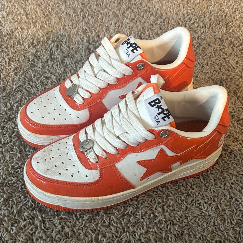 Bape Sta Orange and White Low-Top Sneakers